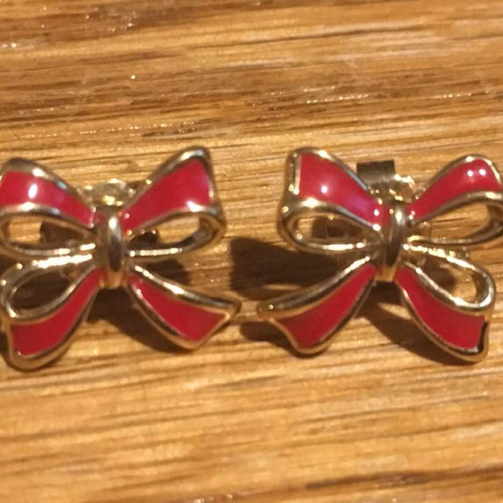 Gold & Red Enamel "Bow" Pierced Earrings